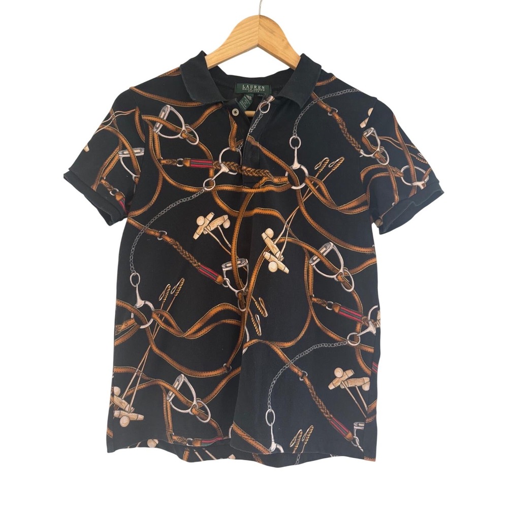 Lauren Ralph Lauren Petite Black Equestrian Harness Print Polo Shirt PM
